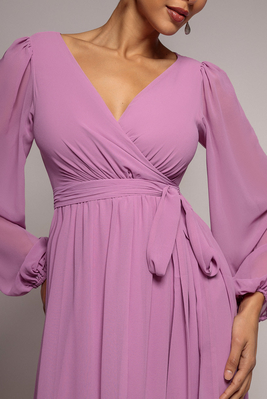 Goddiva Wrap Back With Front Slit Chiffon Maxi Dress - Dusty Lavender