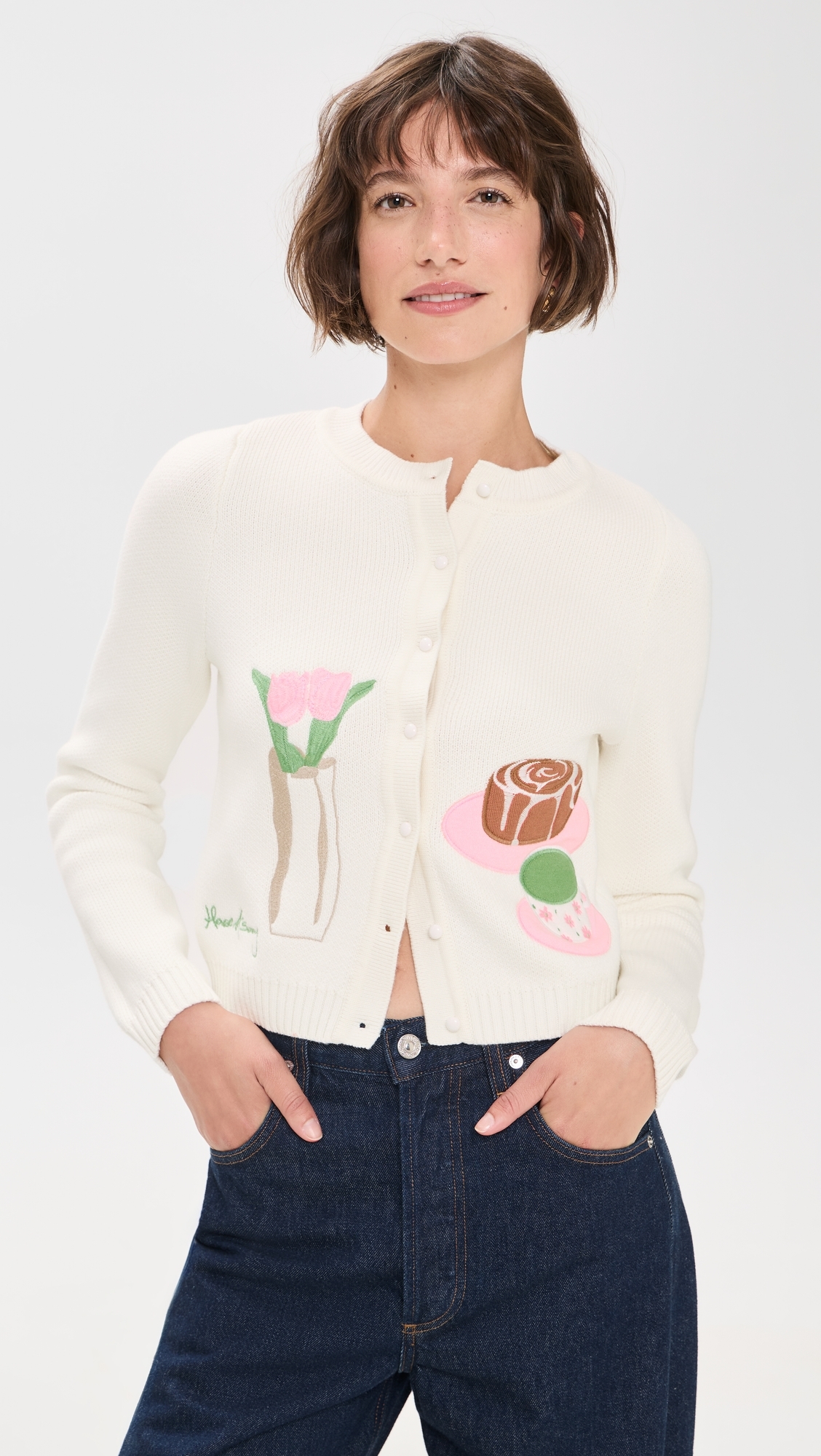 Collarless Picture Knit Cardigan Ivory