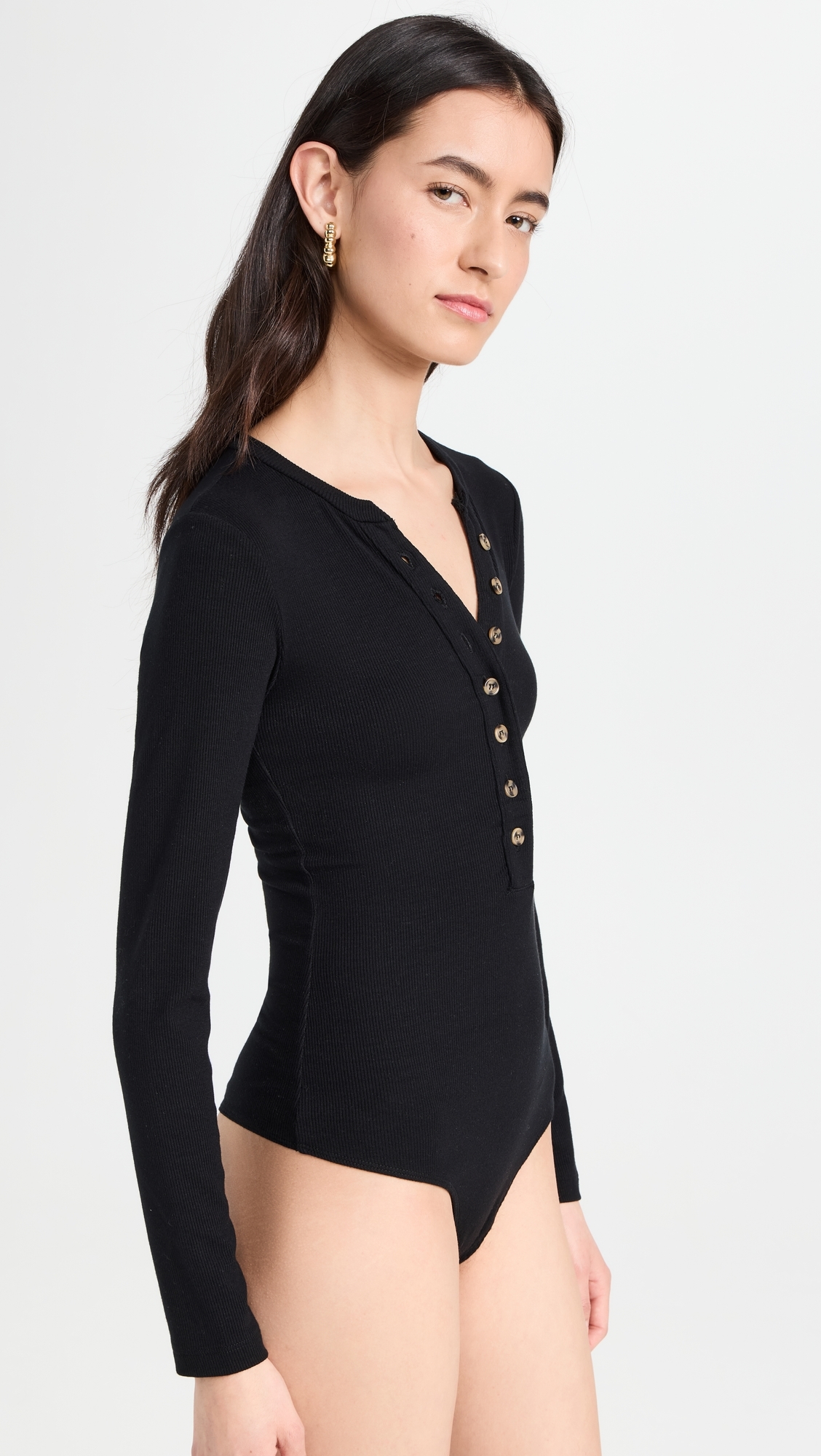 Ambitionist 여성 Button Up Ribbed Henley Thong Bodysuit Black