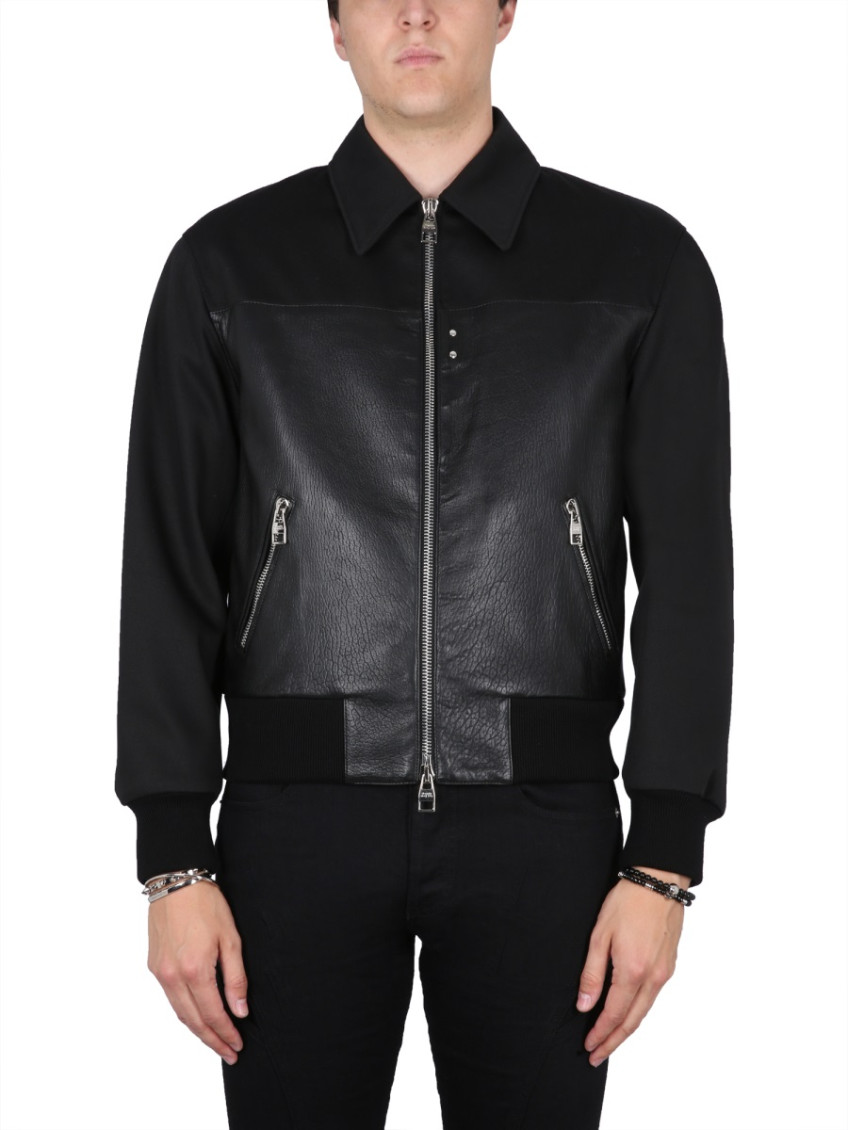 Black Leather And Fabric Bomber Jacket
