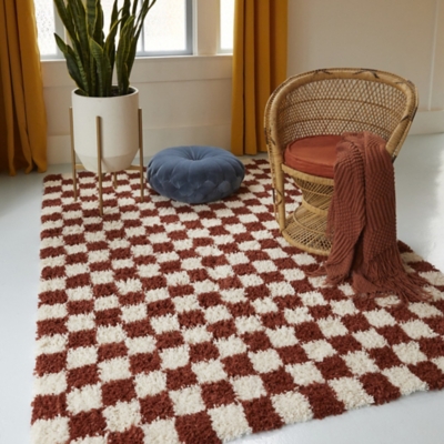 "Mackie Checkered Shag 7' 10" x 10' Area Rug", Rust