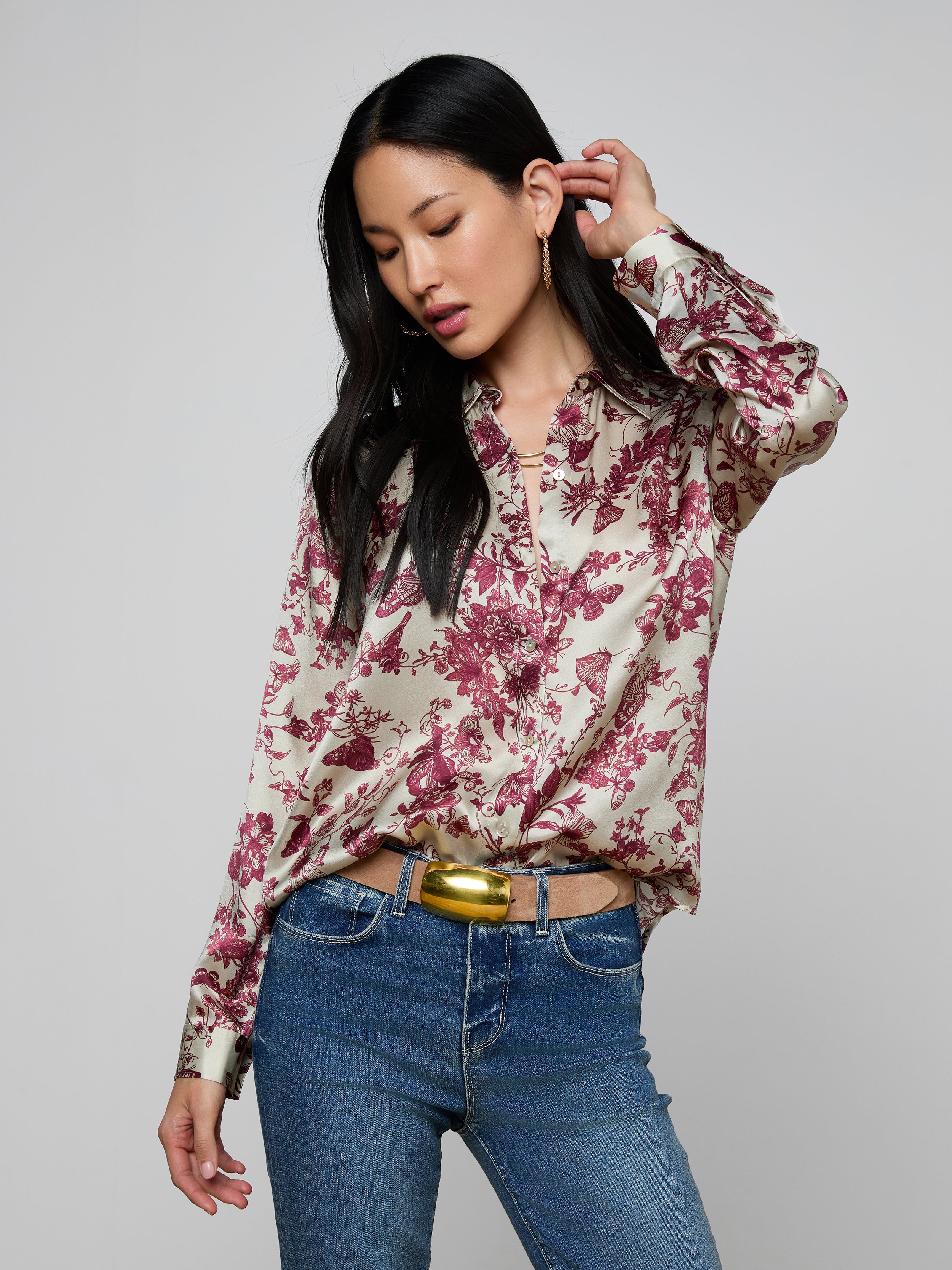 Tyler Silk Blouse Top In Tan/truffle Butterfly Toile