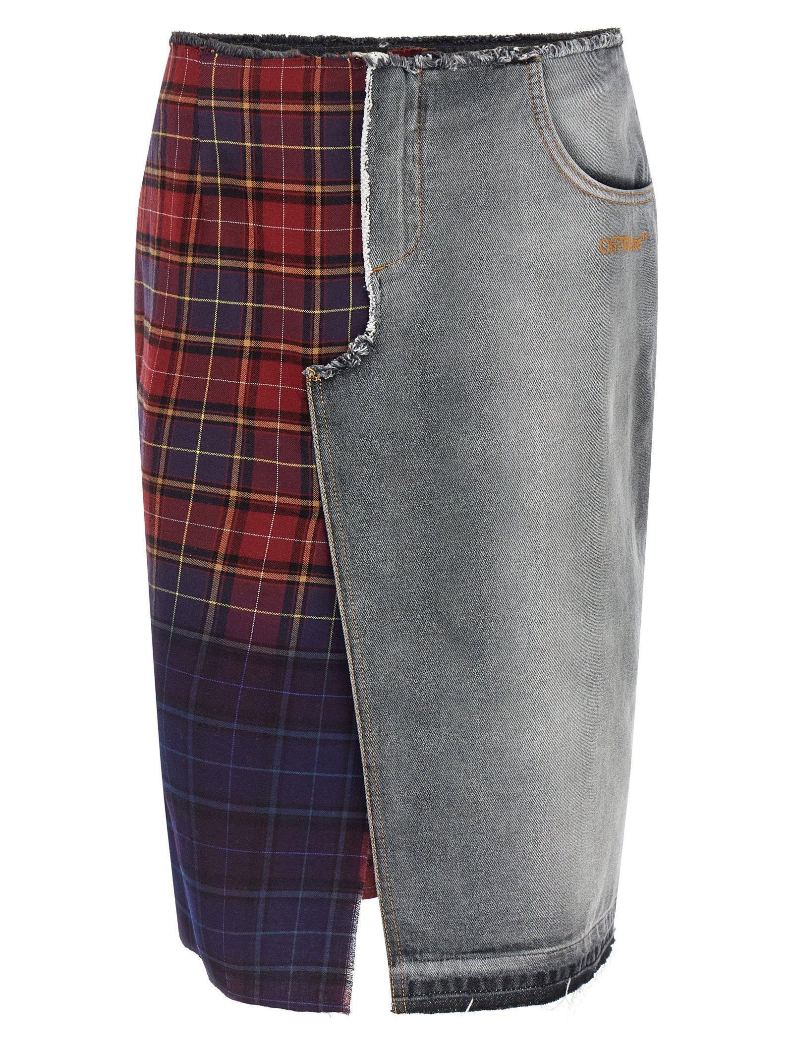 Patchwork Denim & Check Skirt — Gray