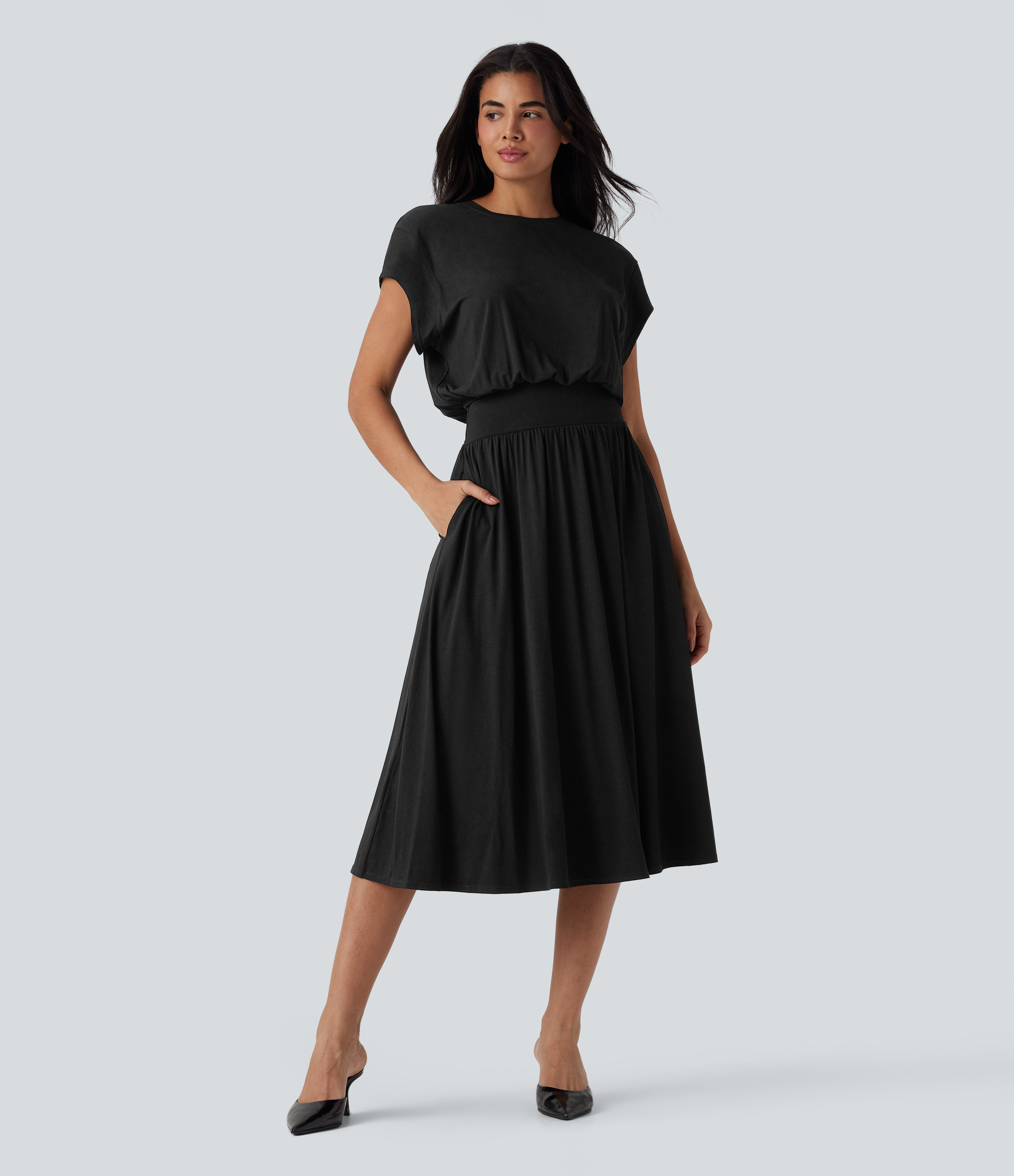 Halara Tummy Control Batwing Sleeve Flowy Midi Work Dress with Pockets - Black