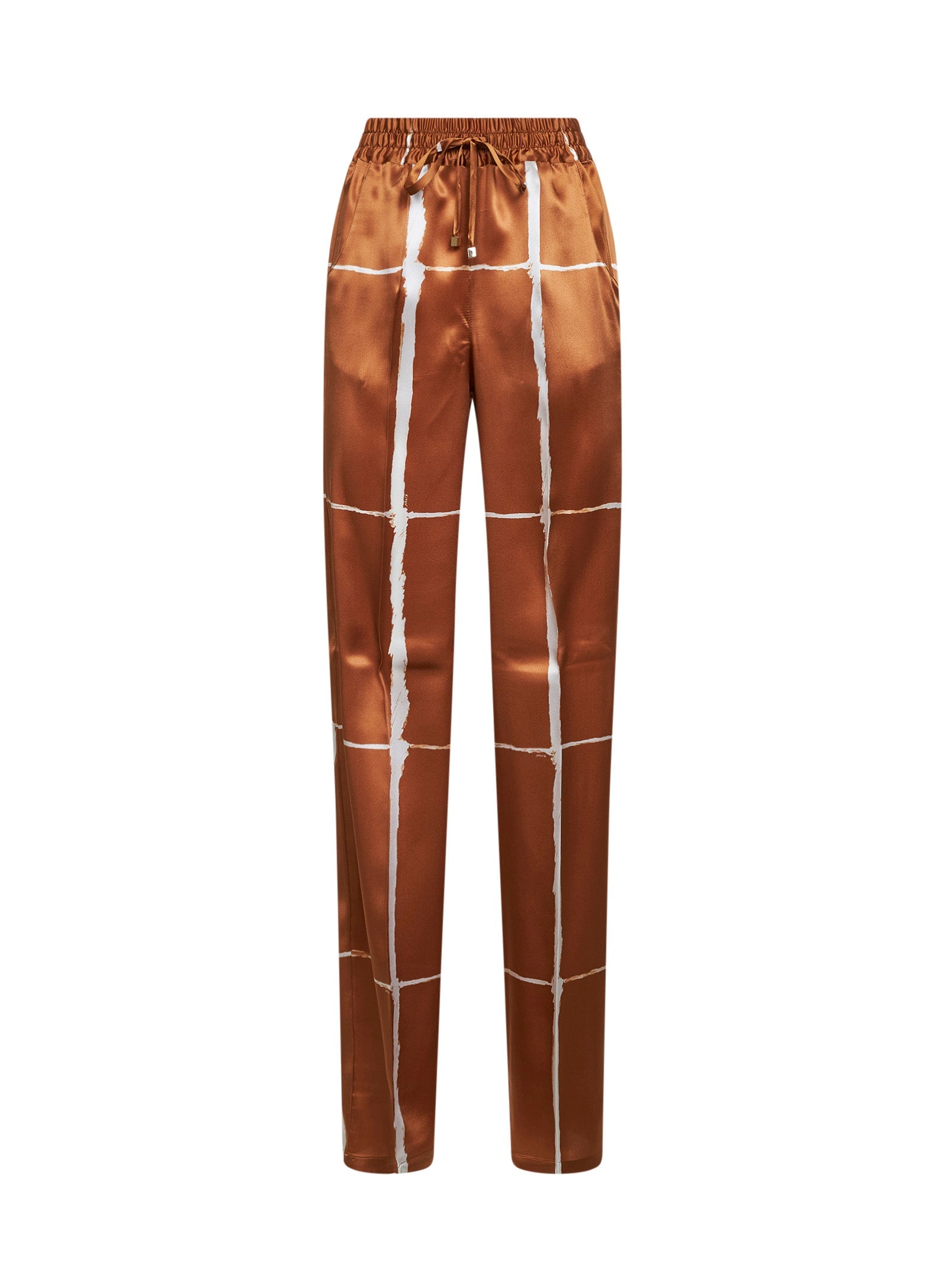 Geometric Print Silk Trousers — Brown