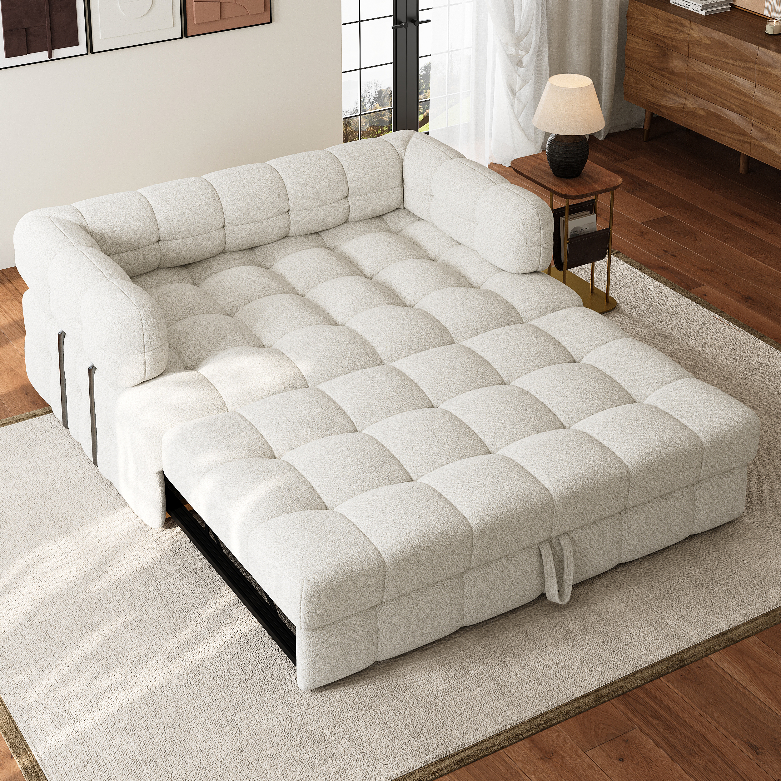 170 cm Boucle Convertible Pull out Sofa Bed Couch 2 Seater White Queen Sleeper Couch with Storage