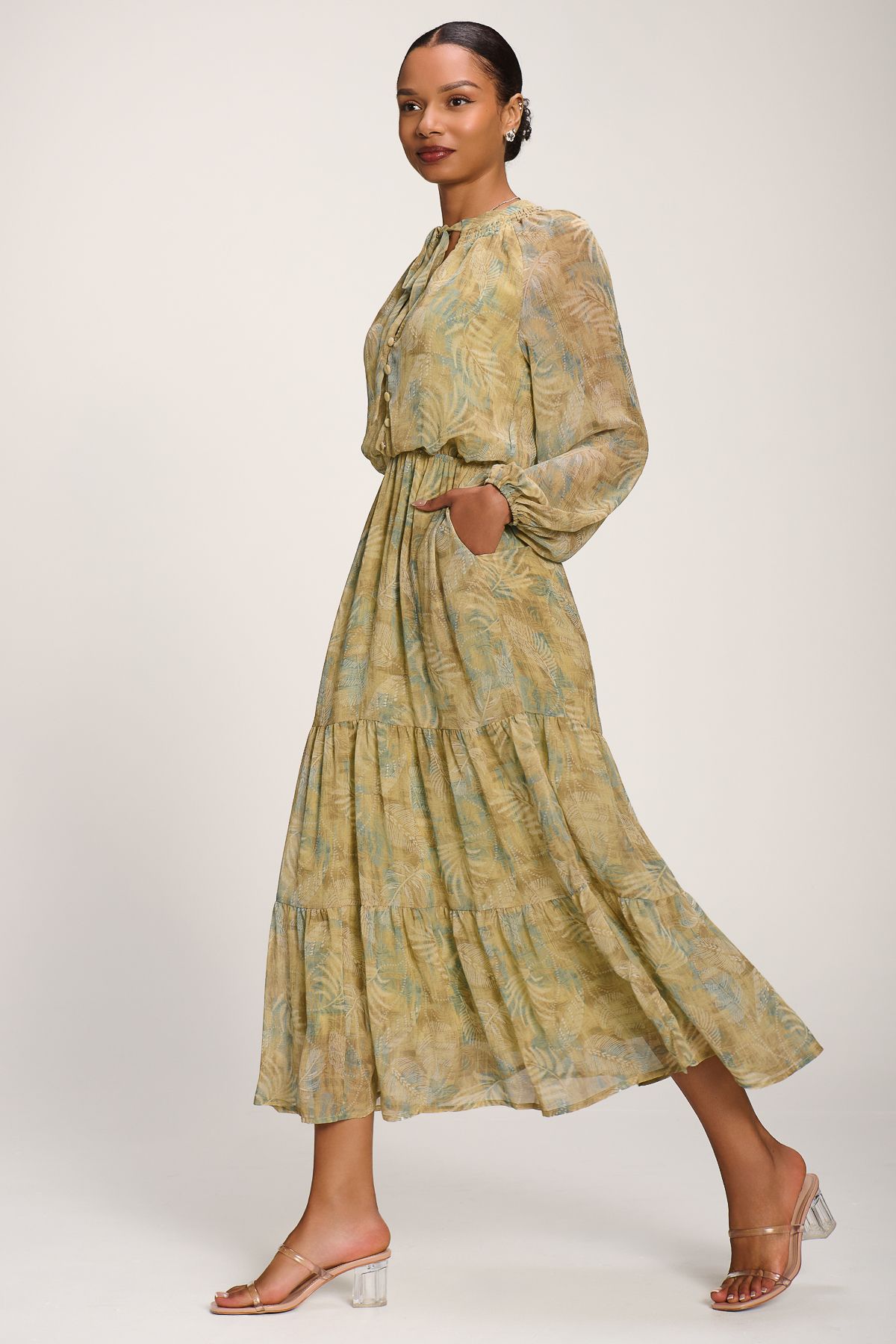 Jolie Moi Women's Chiffon Tie Neckline Maxi Dress in Olive