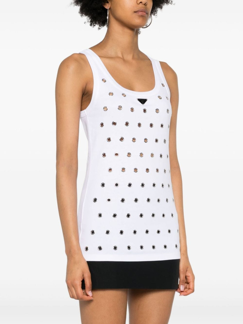 White Cotton Tank Top With Eyelets