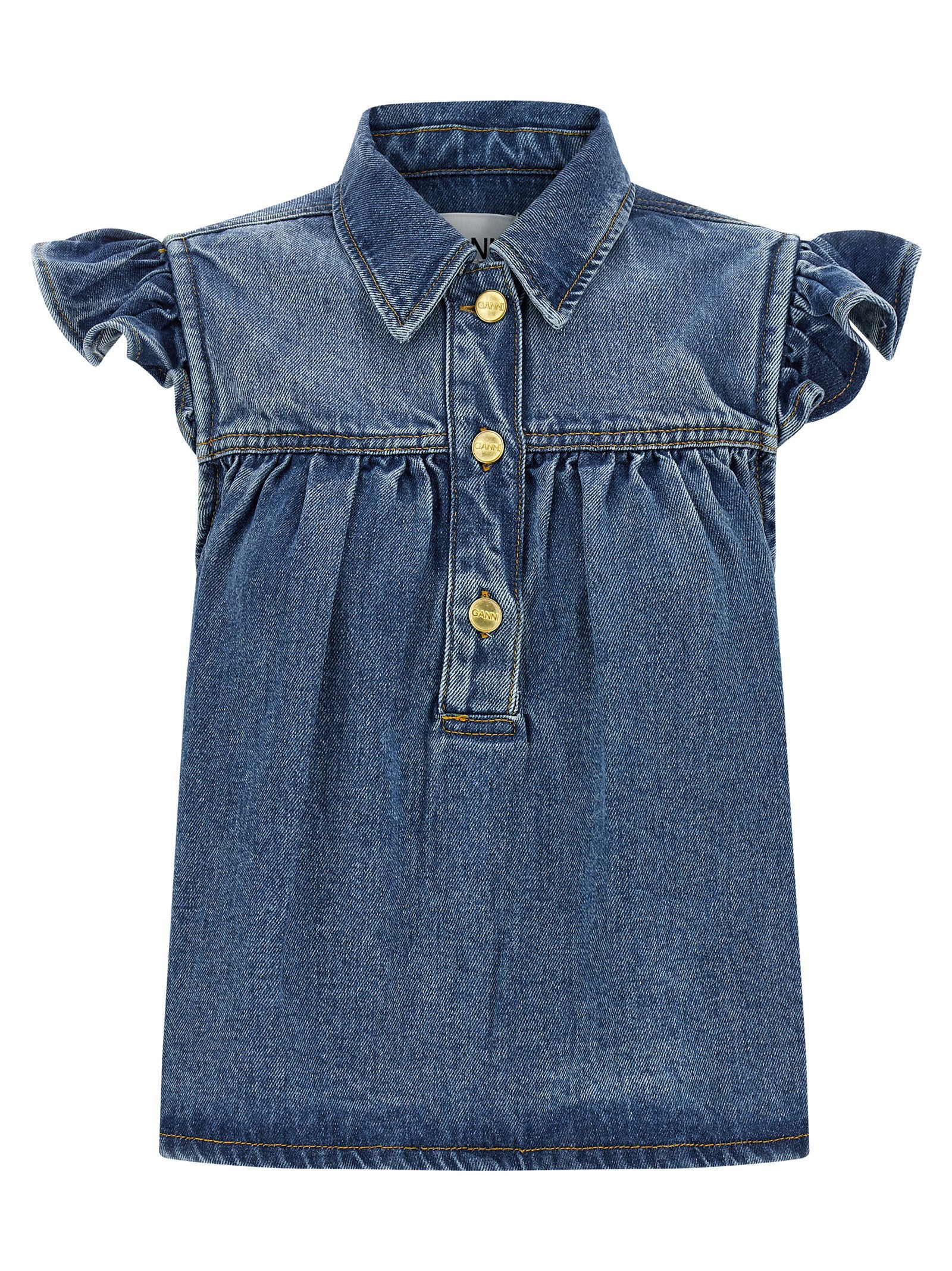 Denim Ruffle Blouse — Blue