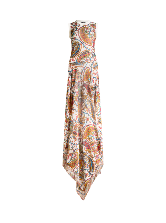 Knit Long Dress With Fringing And Floral Paisley Motif