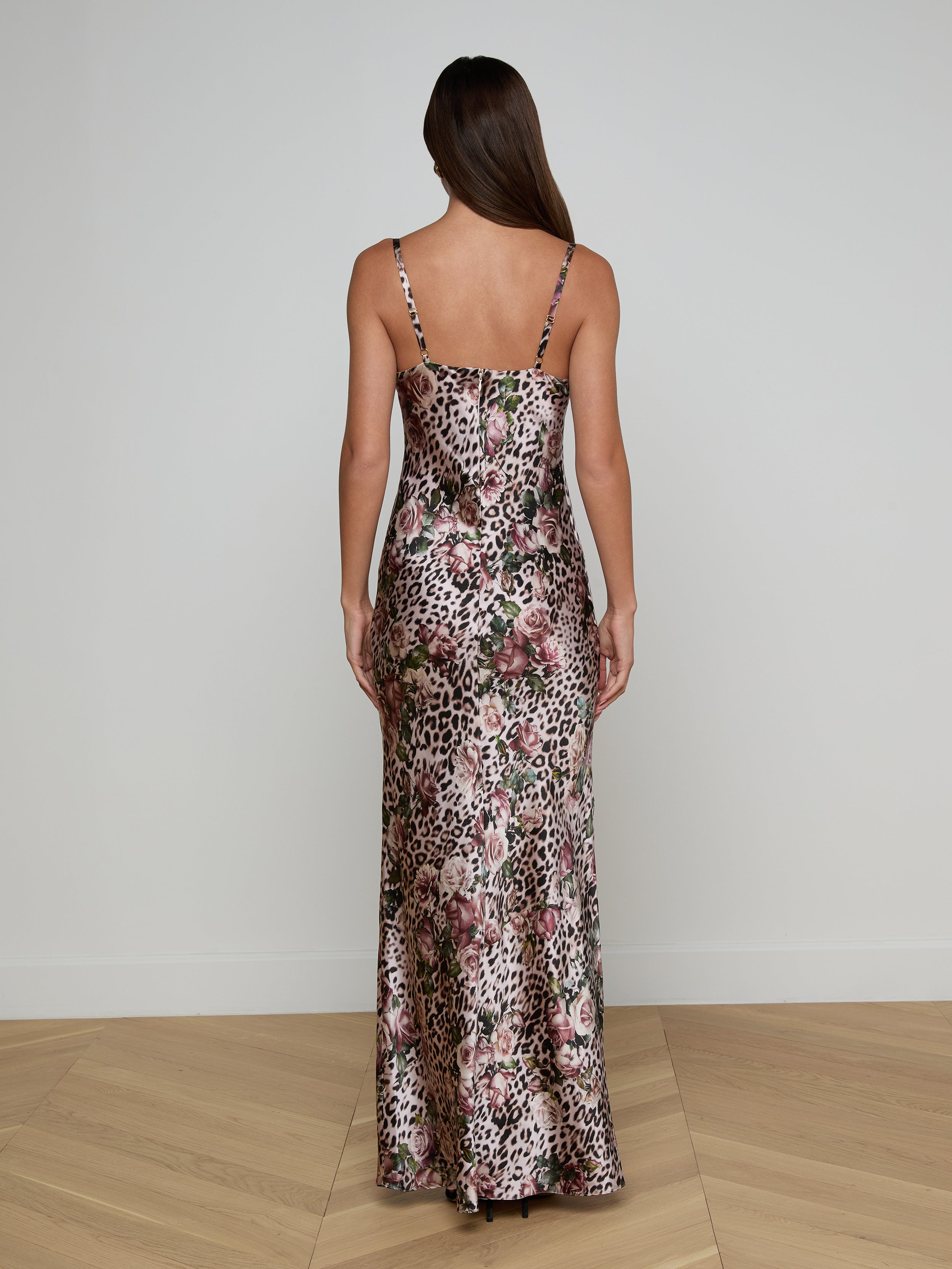 Sayla Silk Gown In Multi Large Rose Cheetah