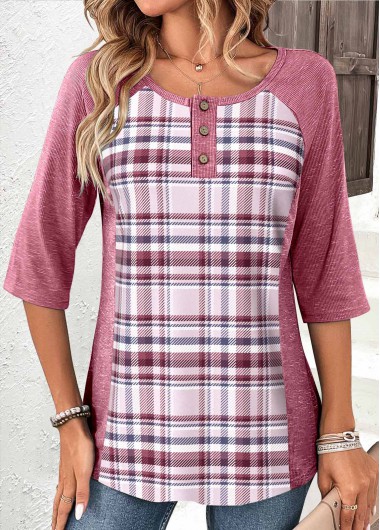 Modlily Pink Patchwork Button Plaid T Shirt