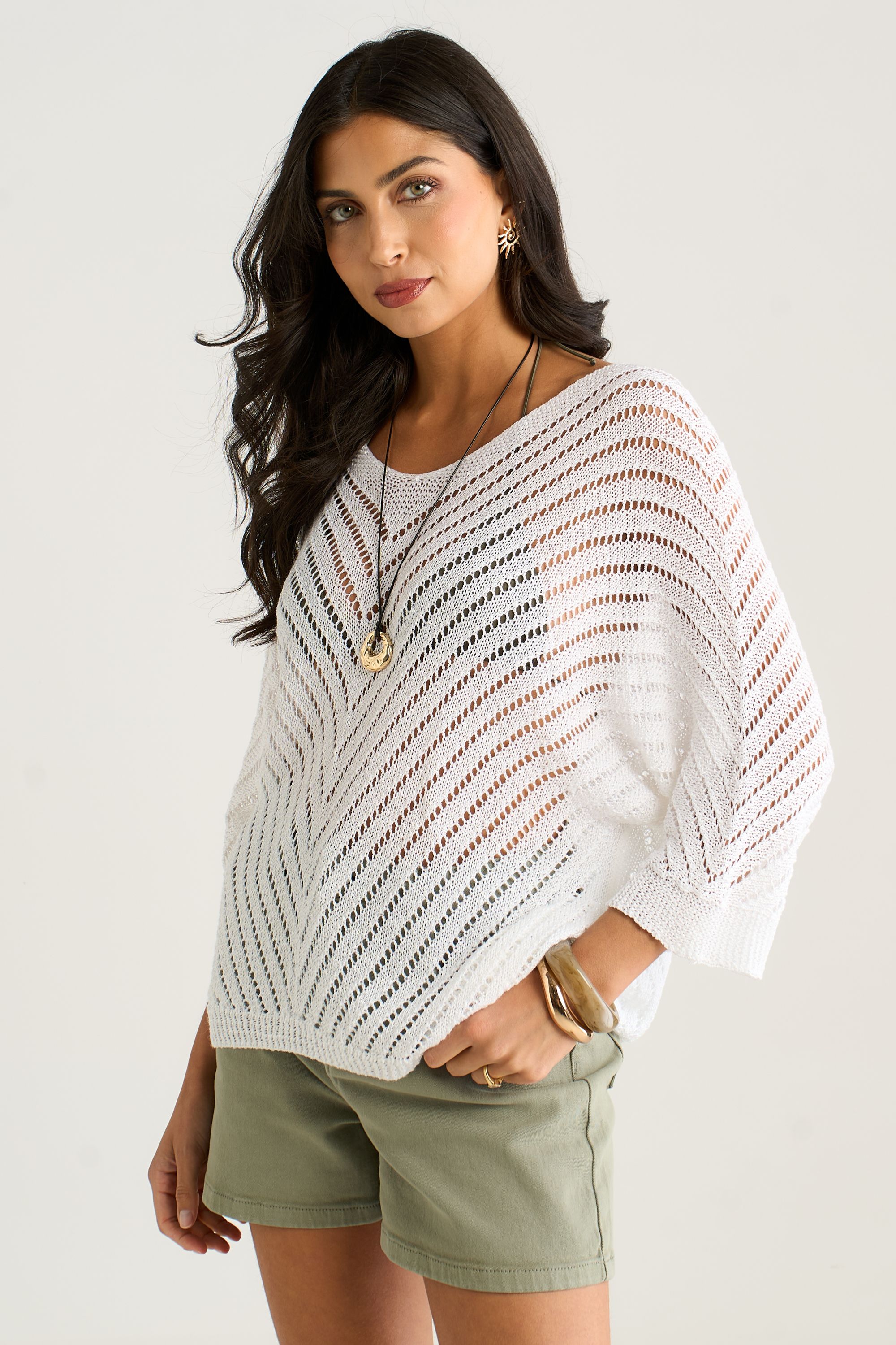 Gini London White V-Neck Chevron Crochet Knit Top