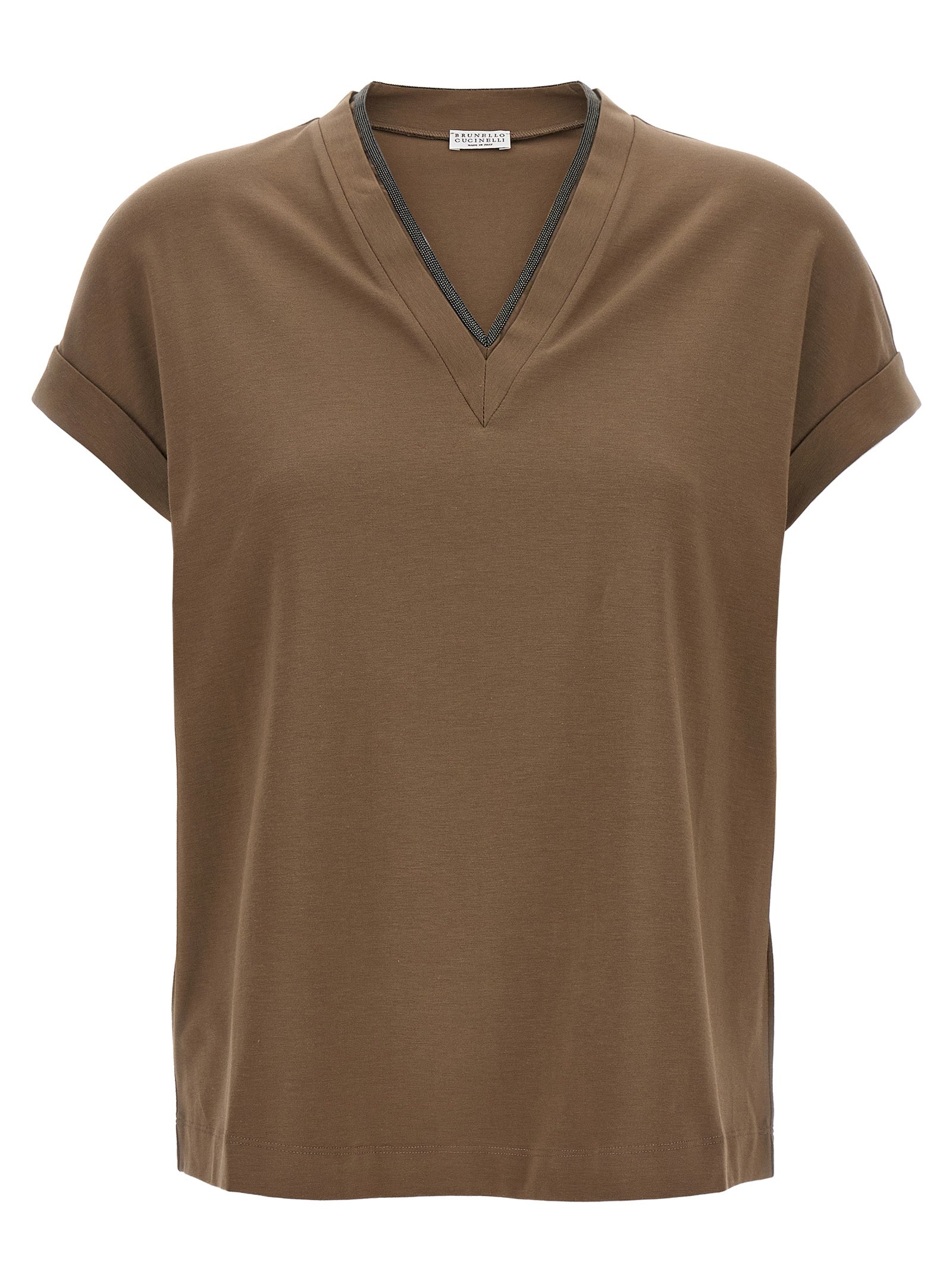 Stretch Cotton with Monile Trim T-Shirt — Brown