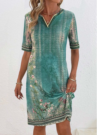 Modlily Green Patchwork Floral Print Shift Dre