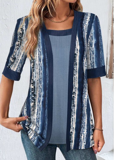 Modlily Navy Fake 2in1 Geometric Print T Shirt