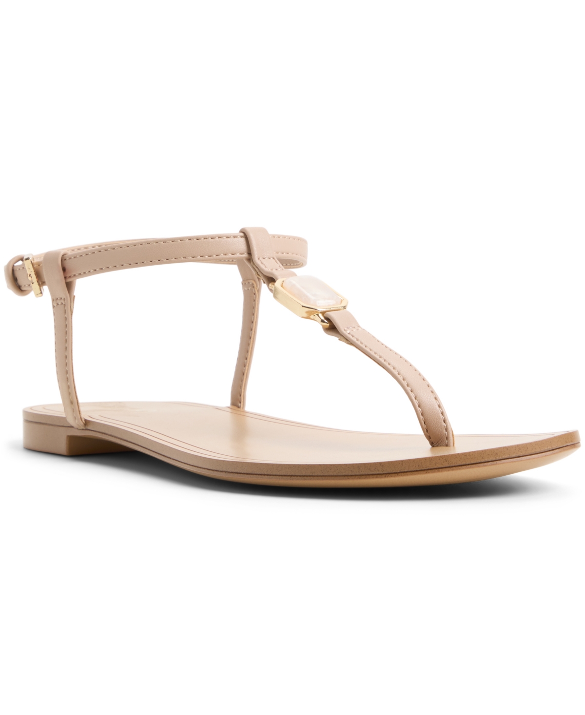 Women's Sandstone Round Toe T-Strap Flat Sandals - Beige Smooth