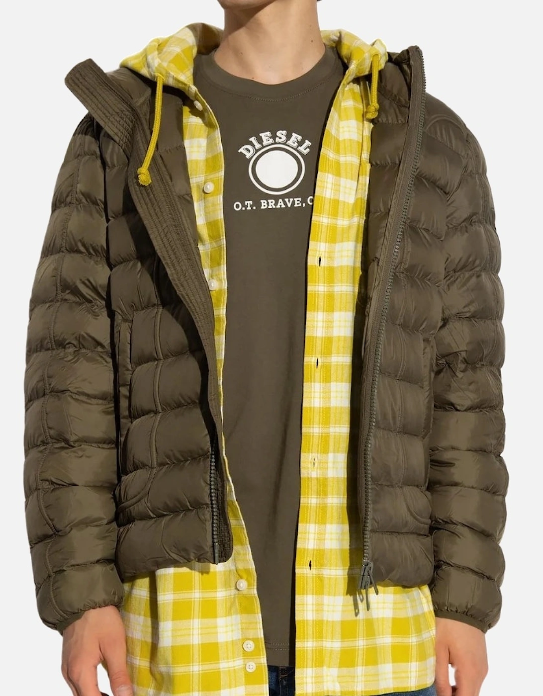 Men's Diesel Plain Khaki Green Padded Hooded Jacket - Tan - Size: 40/Regular