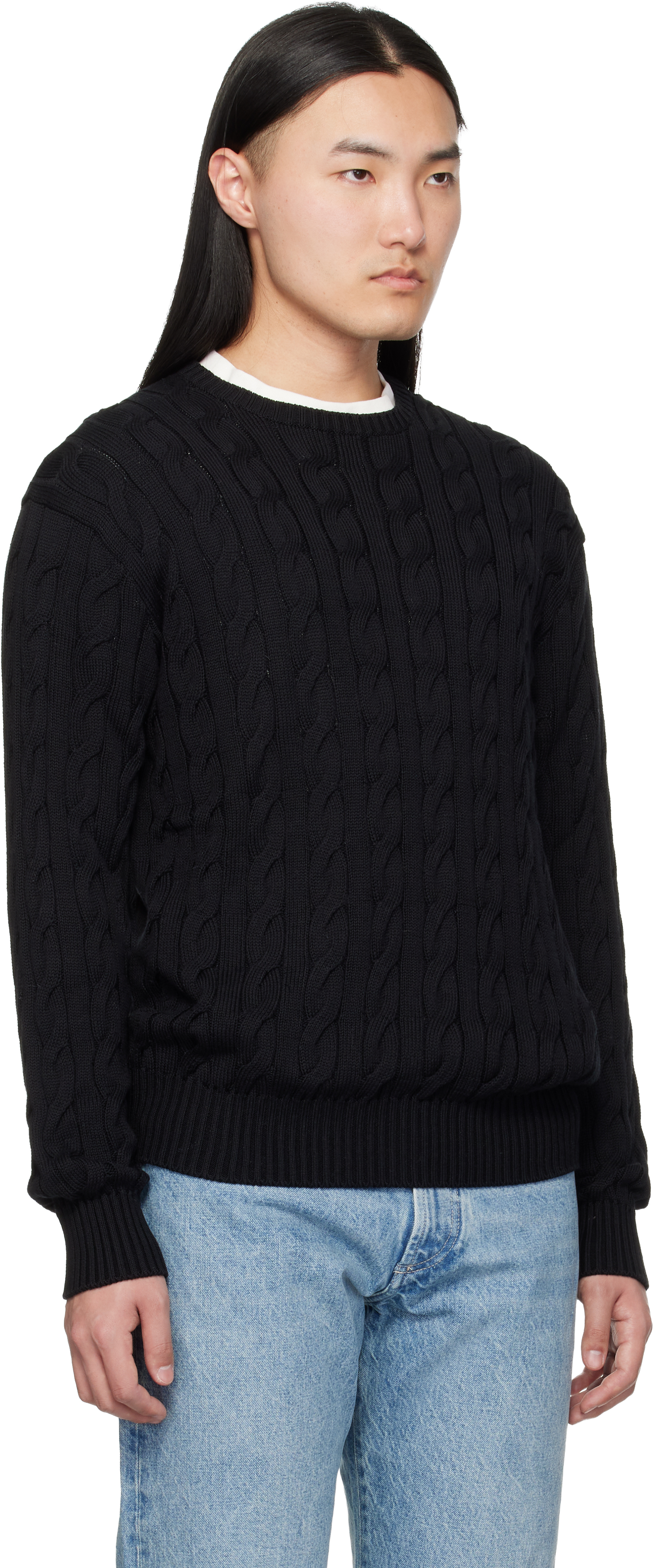 Black Cotton Silk Cable Crewneck Sweater