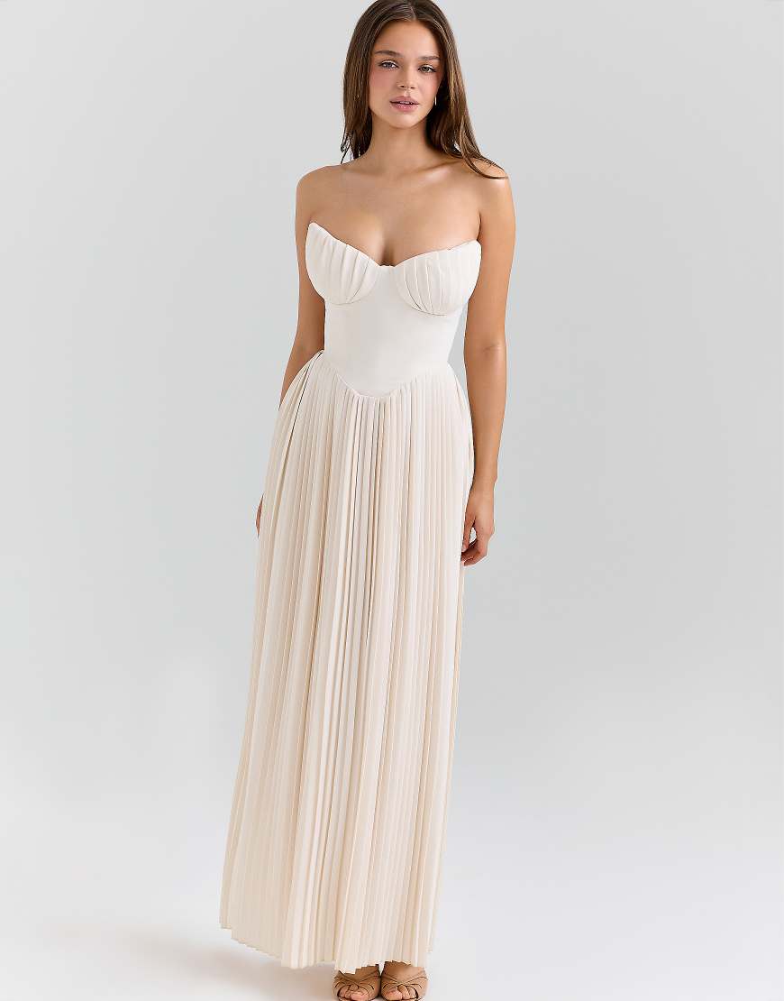 Marcella ivory georgette pleated maxi dress in ivory-White