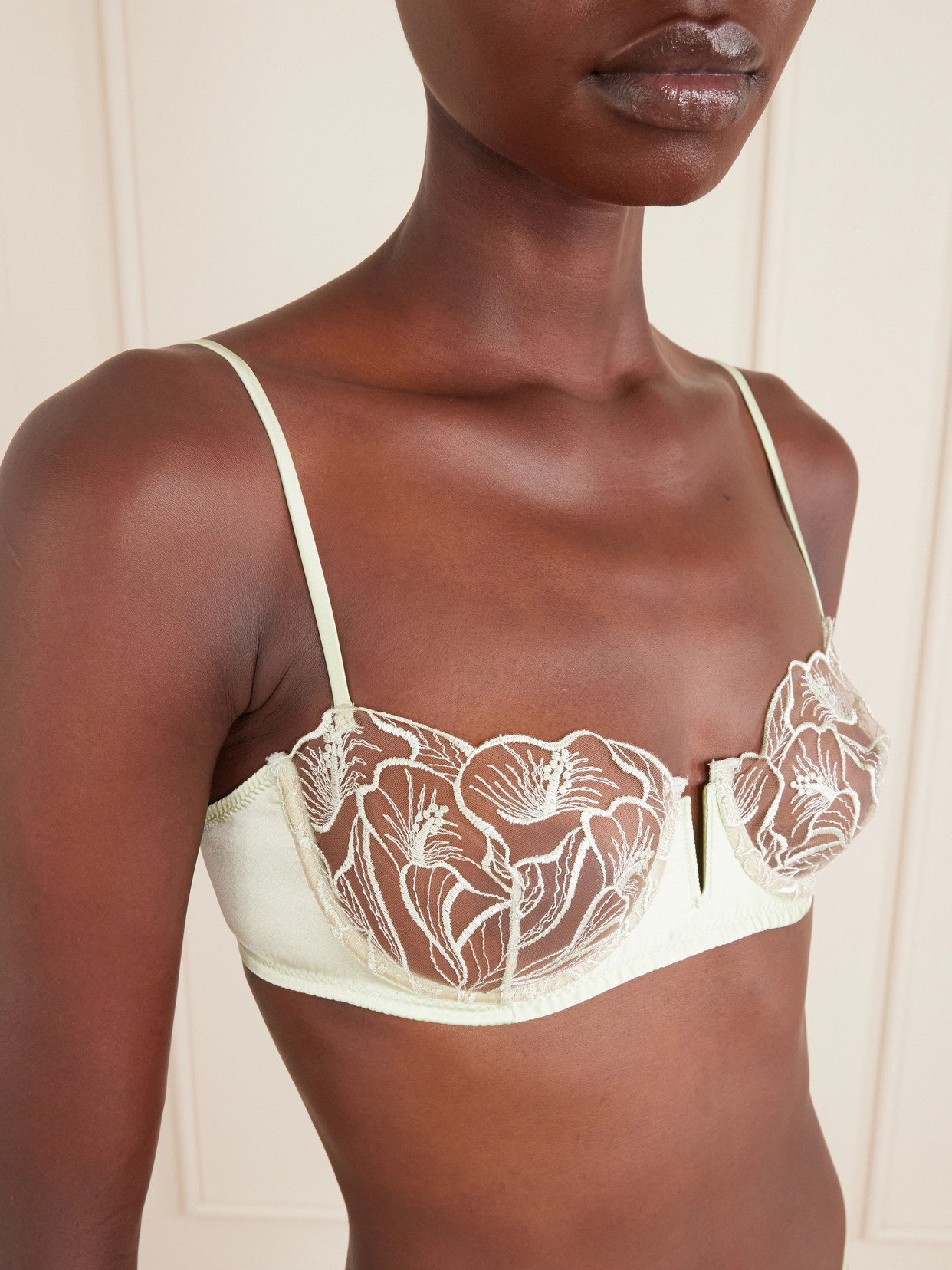 Calla Lily Floral-embroidered Mesh And Satin Balconette Bra - Green