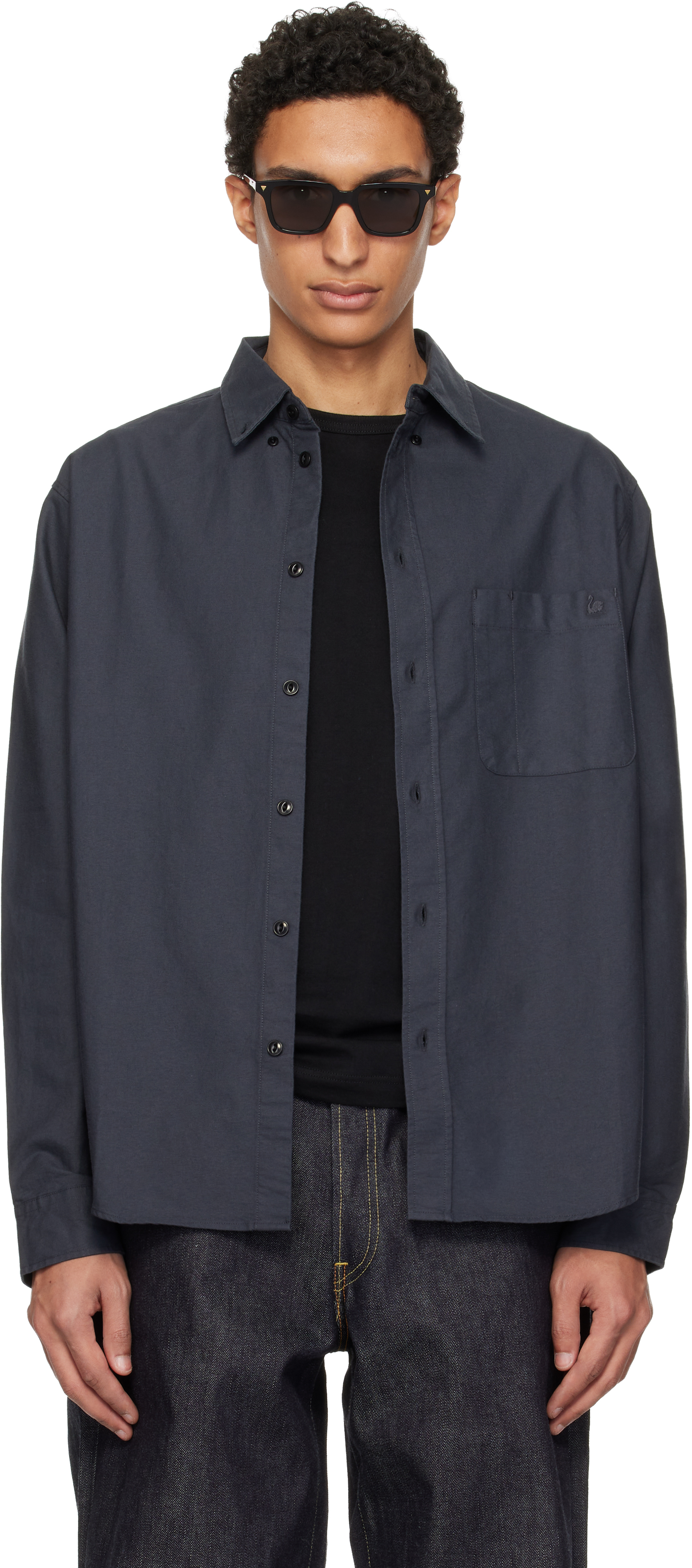 Gray Button-Down Cotton Oxford Long Sleeve Shirt