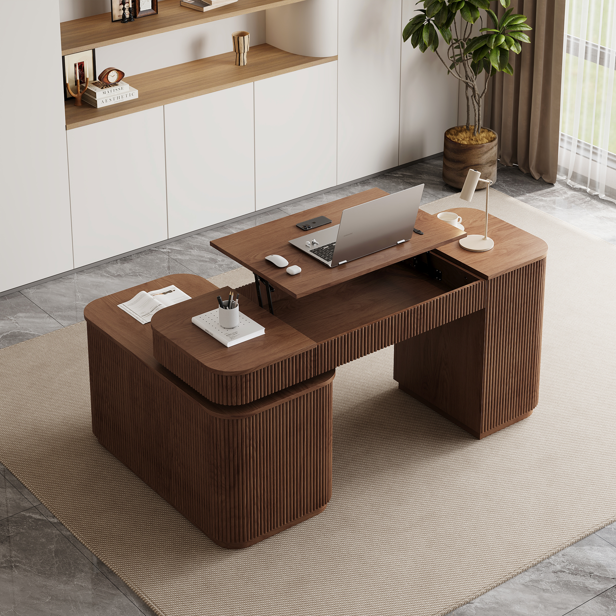 Modern 65" L-Shape Walnut Executive Desk with Lift-Top, Drawers & Cabinet, Right Hand