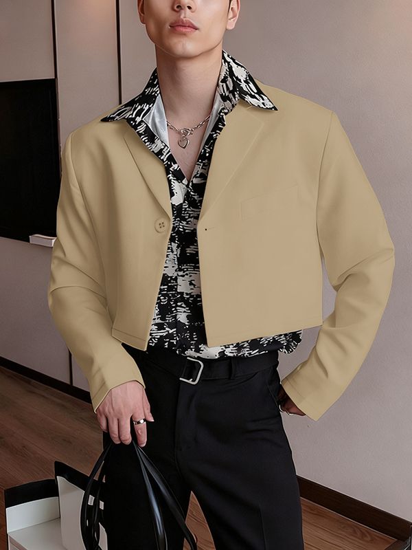 Men's Solid Color Cropped Casual Long Sleeve Blazer SKUL36631 - Apricot / S