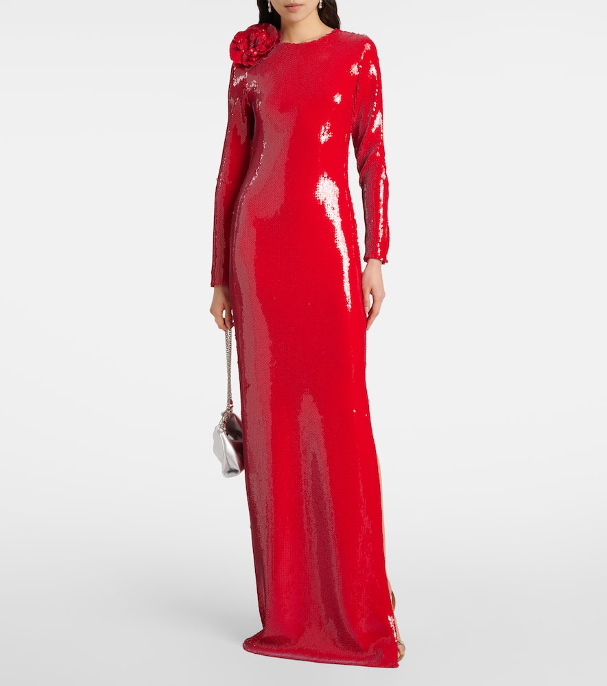 Floral-appliqué sequined gown