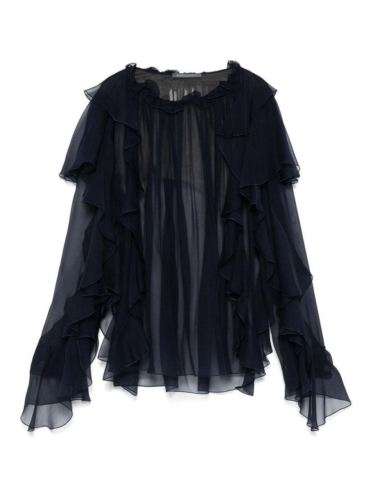 Blue Shirt With Ruffle Detail In Silk Chiffon Woman
