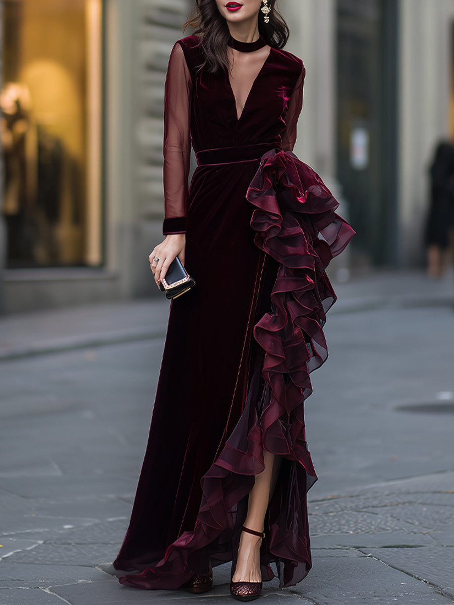 Sheer Sleeve Velvet Cascading Ruffle Evening Gown - Burgundy