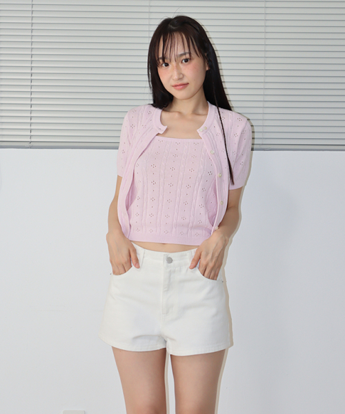 EYELET BUTTON KNIT CARDIGAN SOFT PURPLE