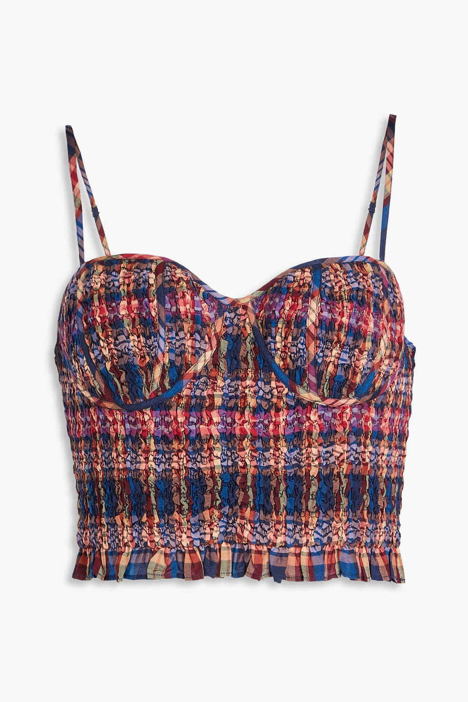 Liv cropped checked shirred cotton and silk-blend bustier top
