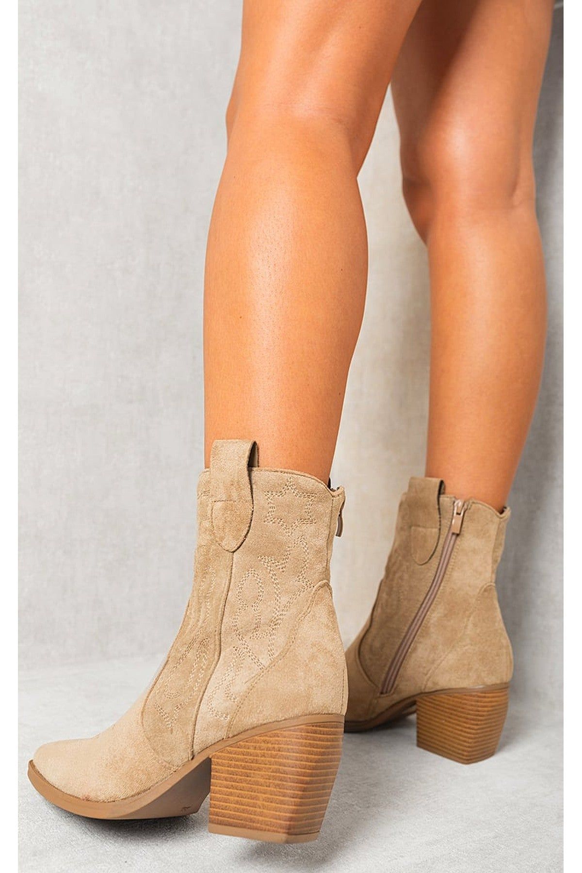 IKRUSH Women's Laura Faux Suede Cowboy Ankle Length Boots in Khaki