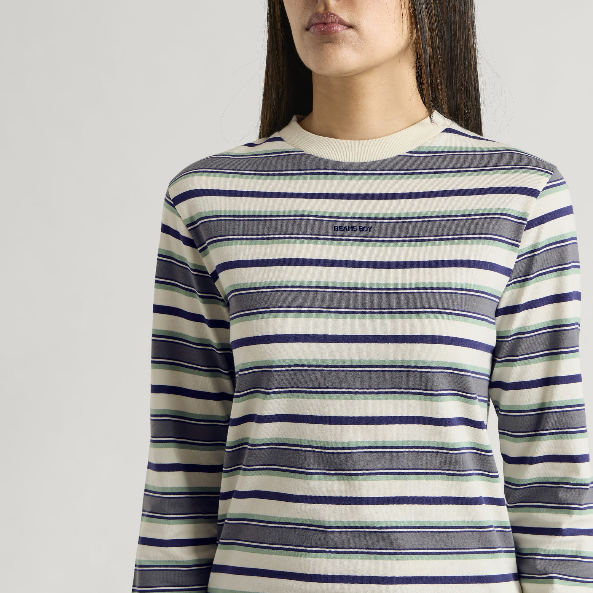 Women's Embroidered Stripe Long Sleeeve T-Shirt in Ivory