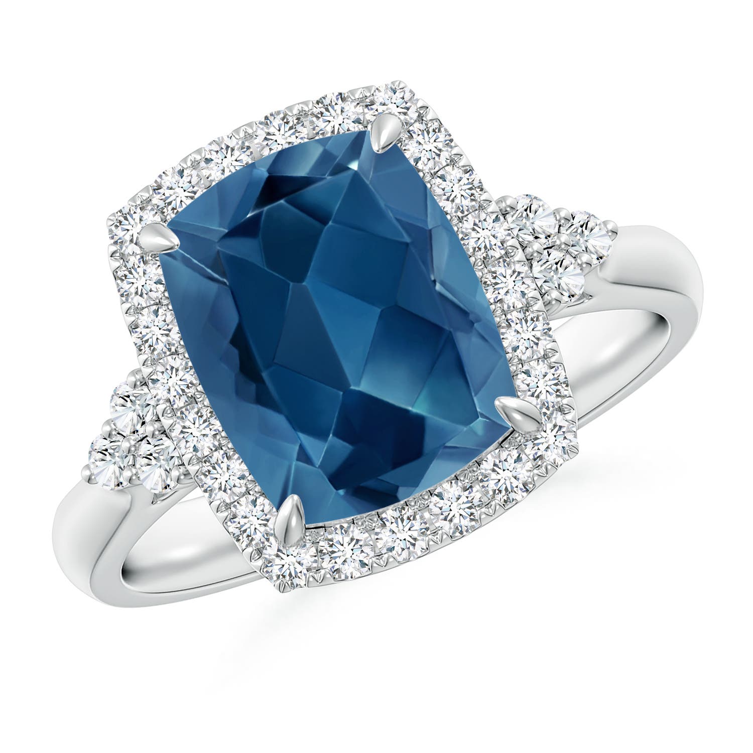 Angara 3.2 Carats Cushion London Blue Topaz Halo Ring with Trio Diamonds in Platinum