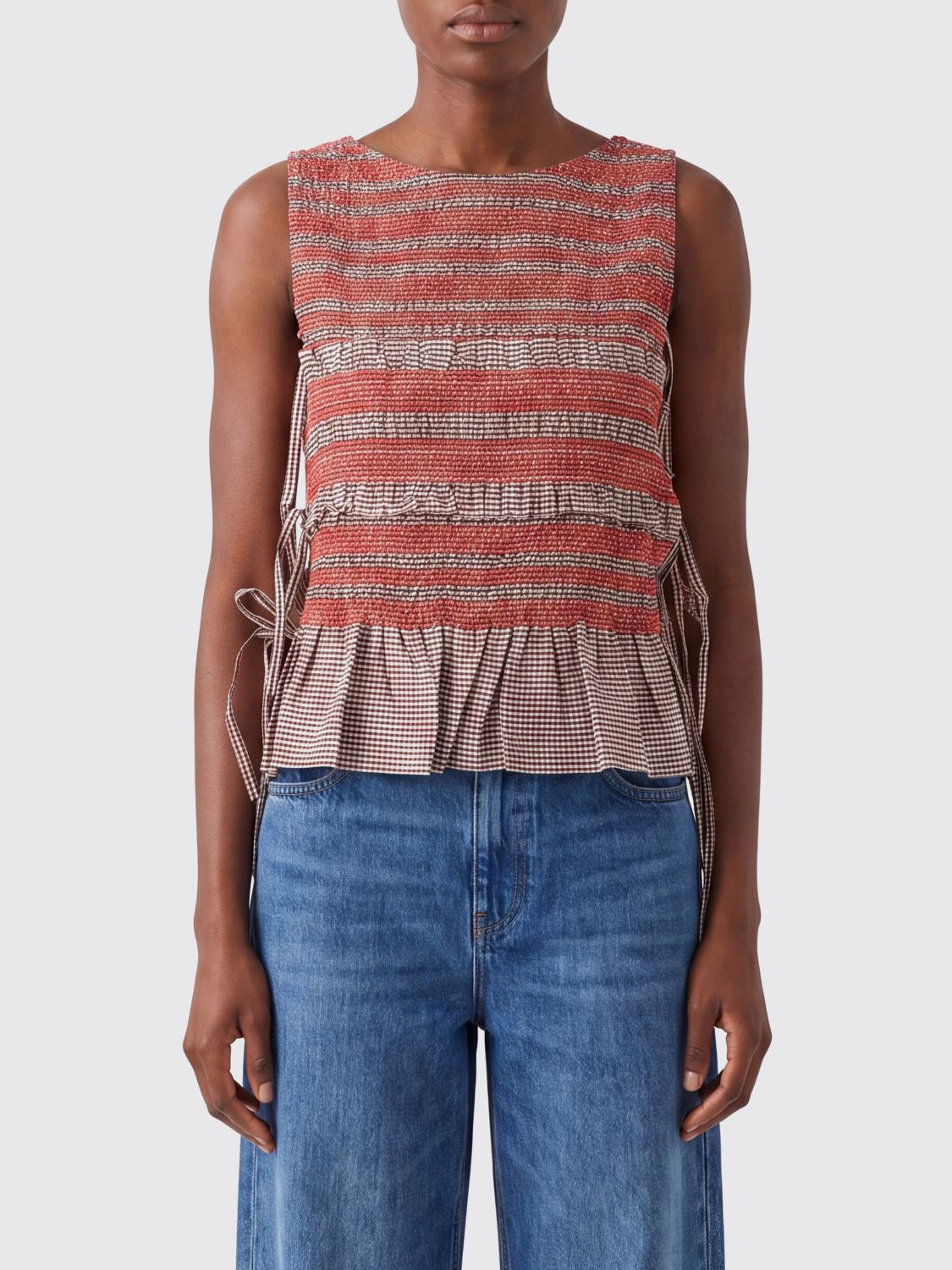 Striped Cotton Top with Tie Fastening and Flounces