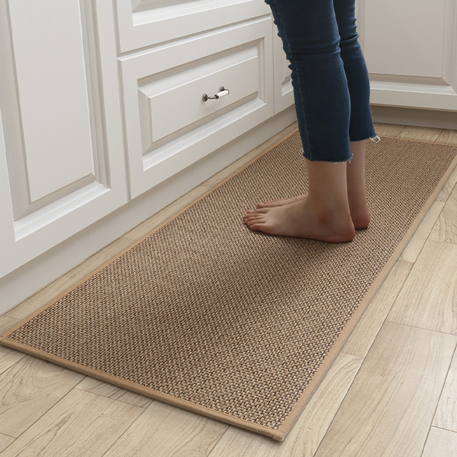 TEMU 2pcs Machine Washable Absorbent Non-slip Kitchen Floor Mats - 100% Polyester With Rubber Backing, Beige Runner Rugs For Indoor Use In Kitchen