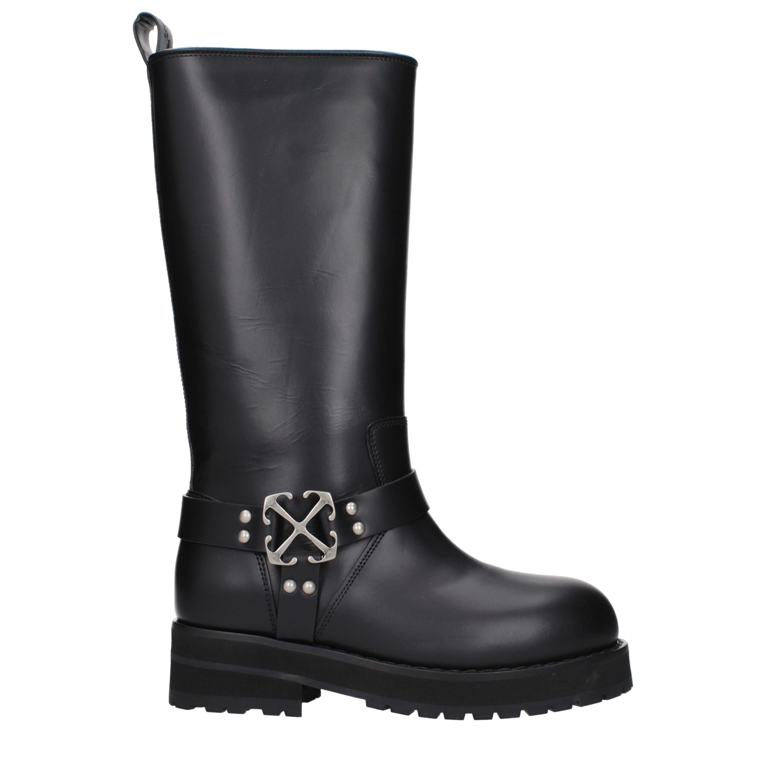 Off-White Black Leather Flat Women's Boots