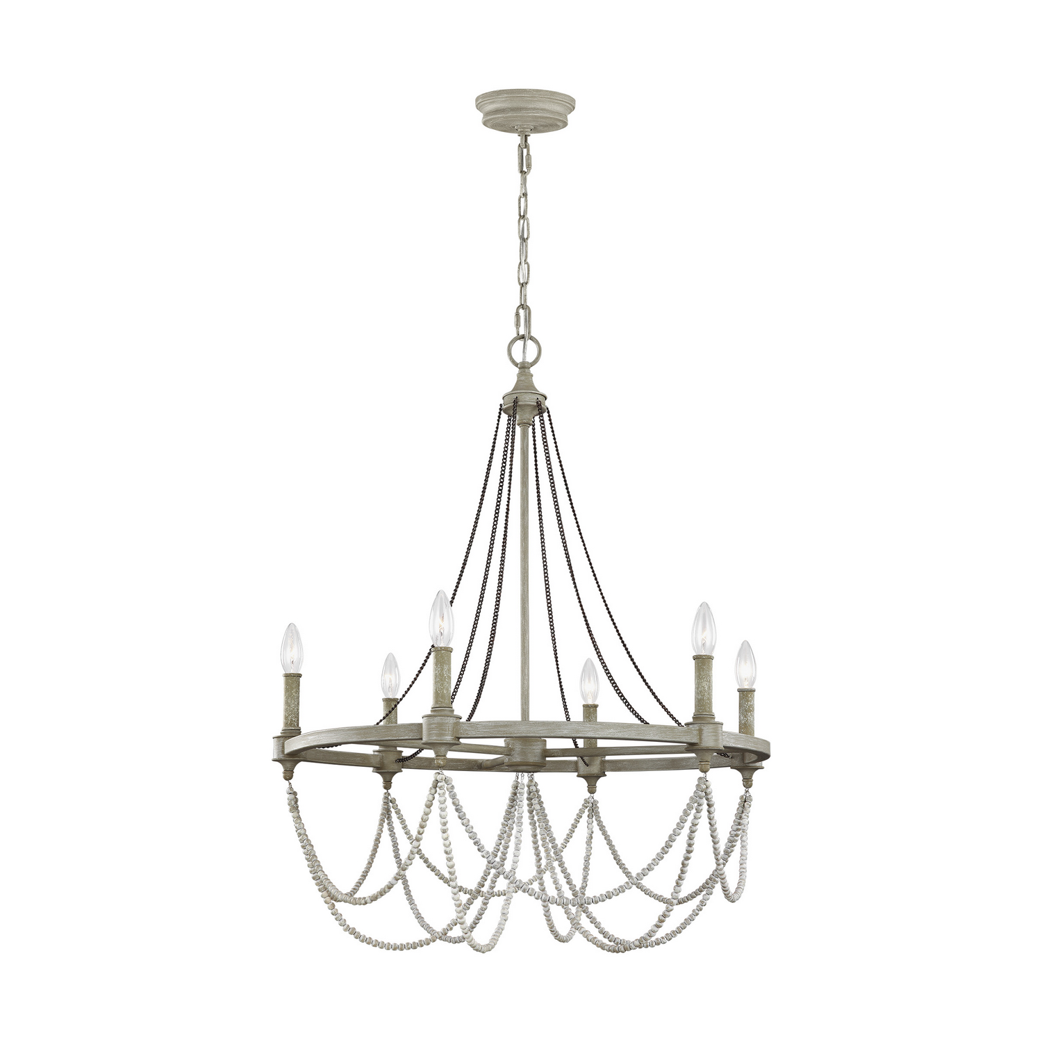 Visual Comfort Studio Beverly 6-Light Chandelier in French Washed Oak And Distressed White Wood by Sean Lavin