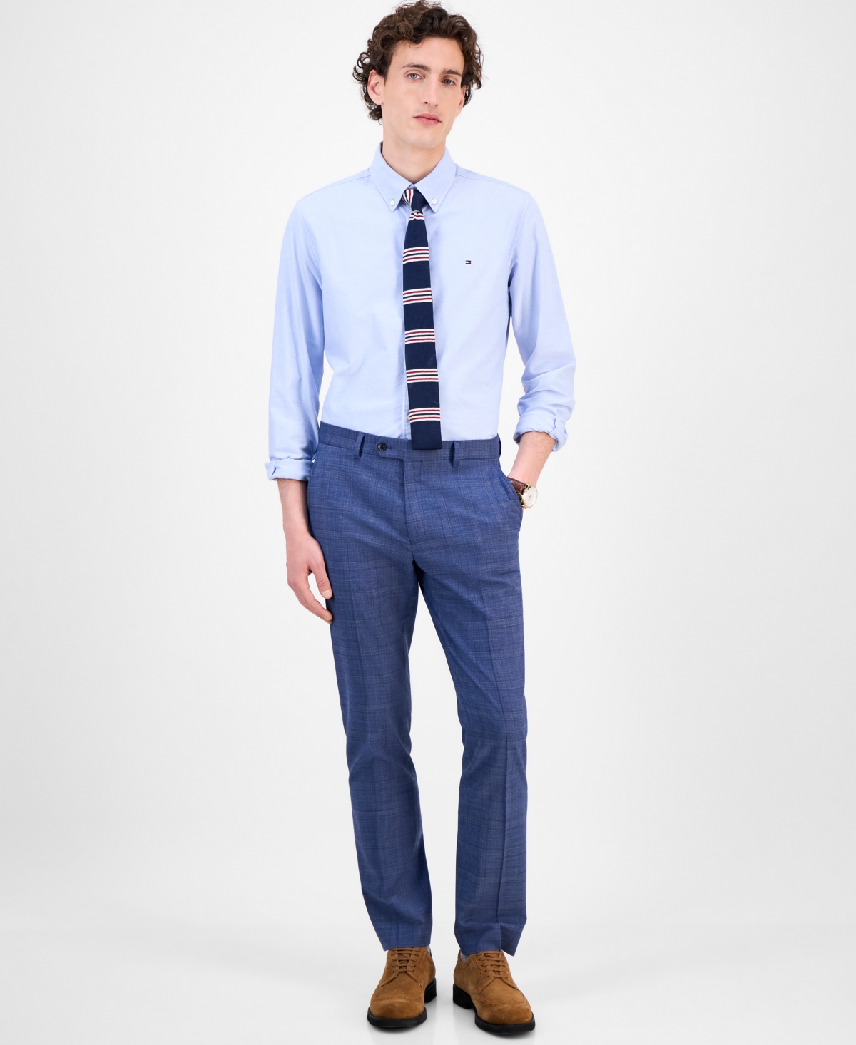 Men's Modern-Fit Wool Th-Flex Stretch Suit Separates Pant - Blue Rust Plaid