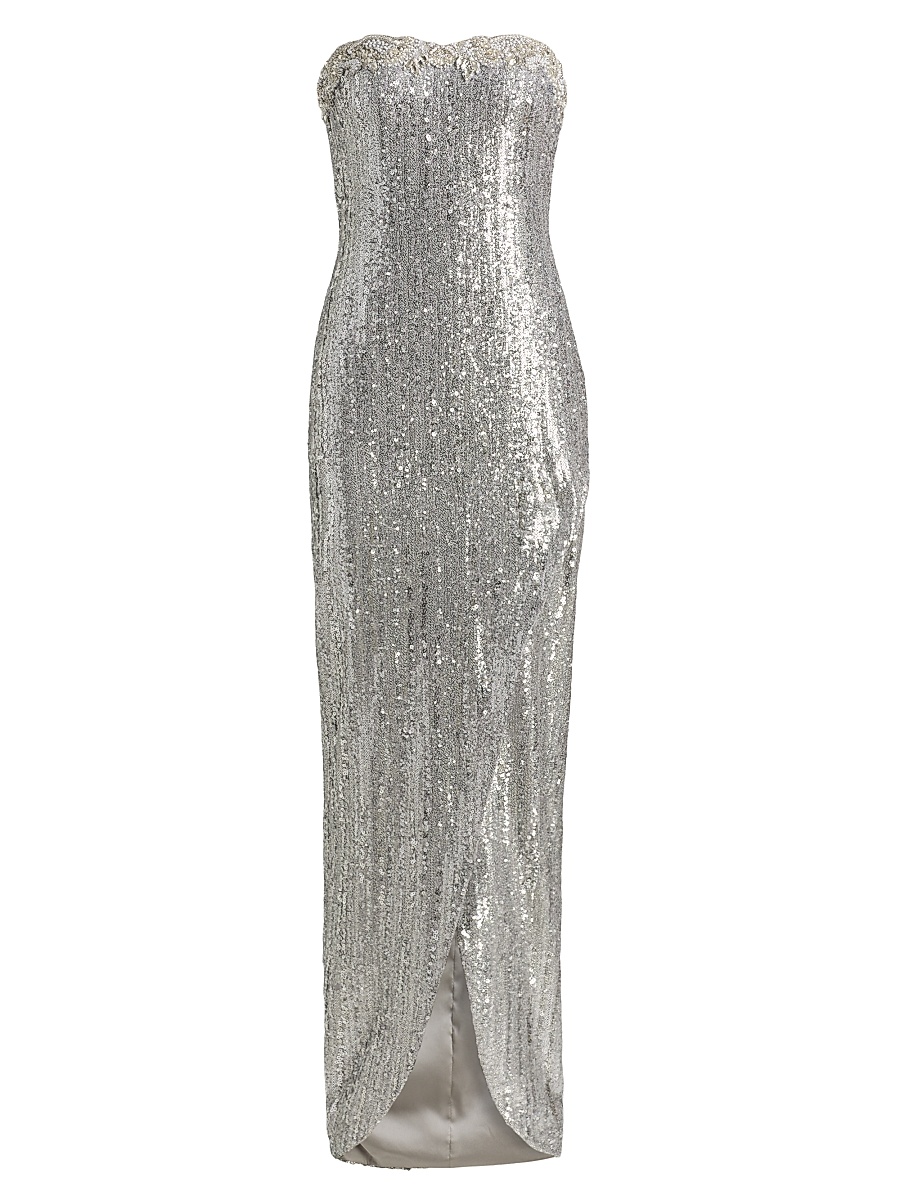 Women's Embellished Strapless Column Gown - Silver