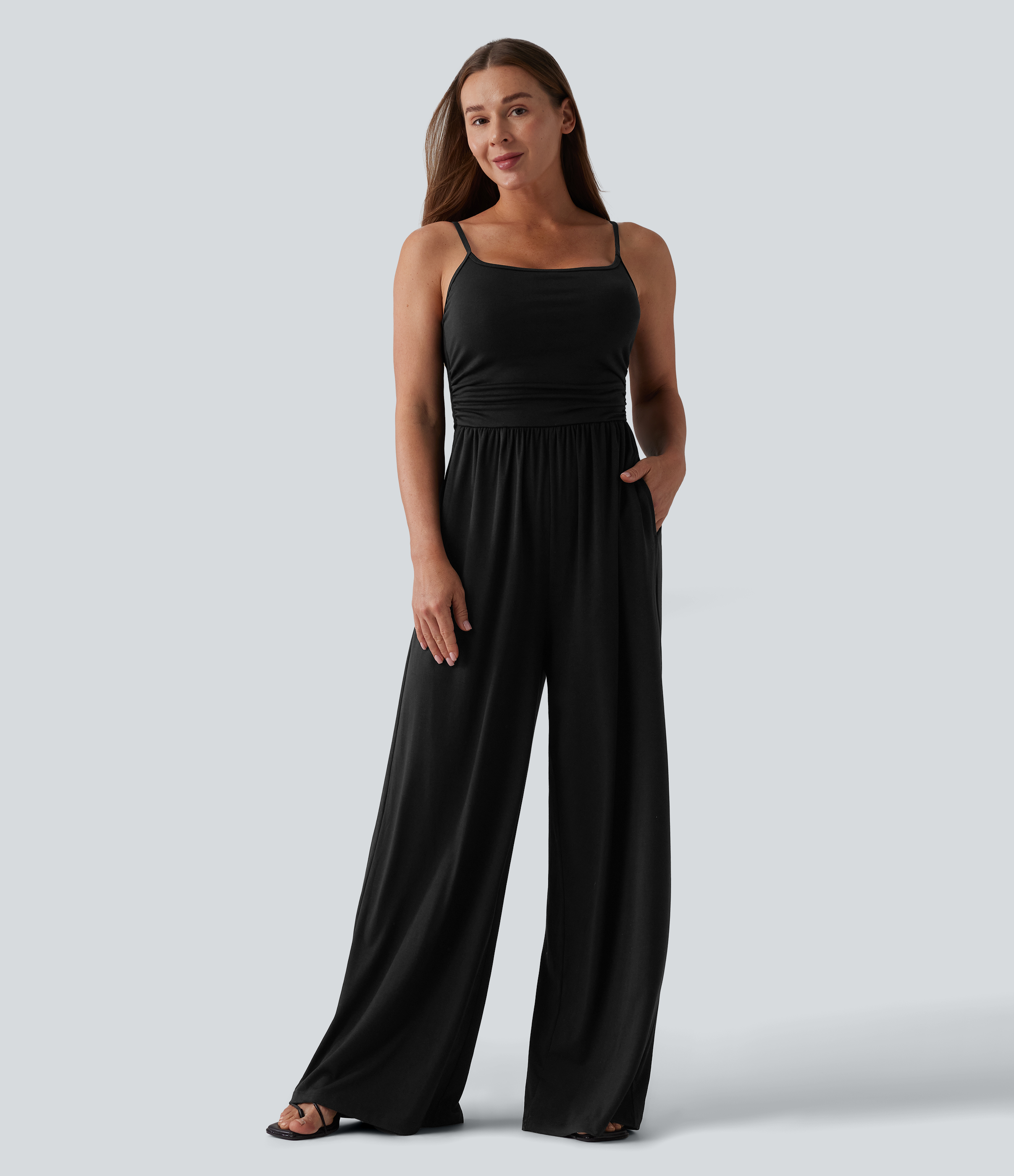 Adjustable Straps Ruched Wide Leg Heathered Casual Jumpsuit with Pockets-Easy Peezy  - Black