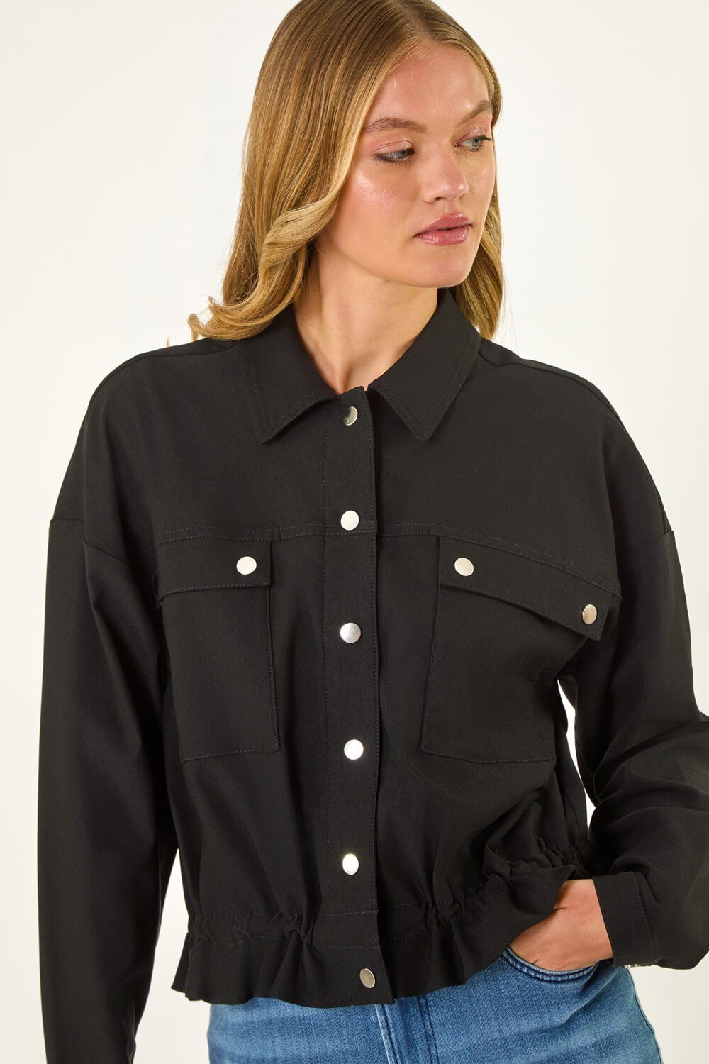Roman Utility Collared Stretch Pocket Jacket In Black