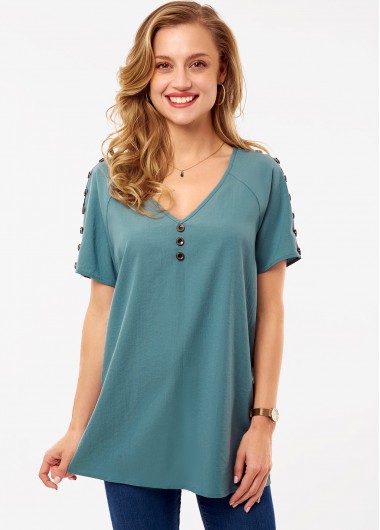 Modlily Button Detail V Neck Short Sleeve Blouse