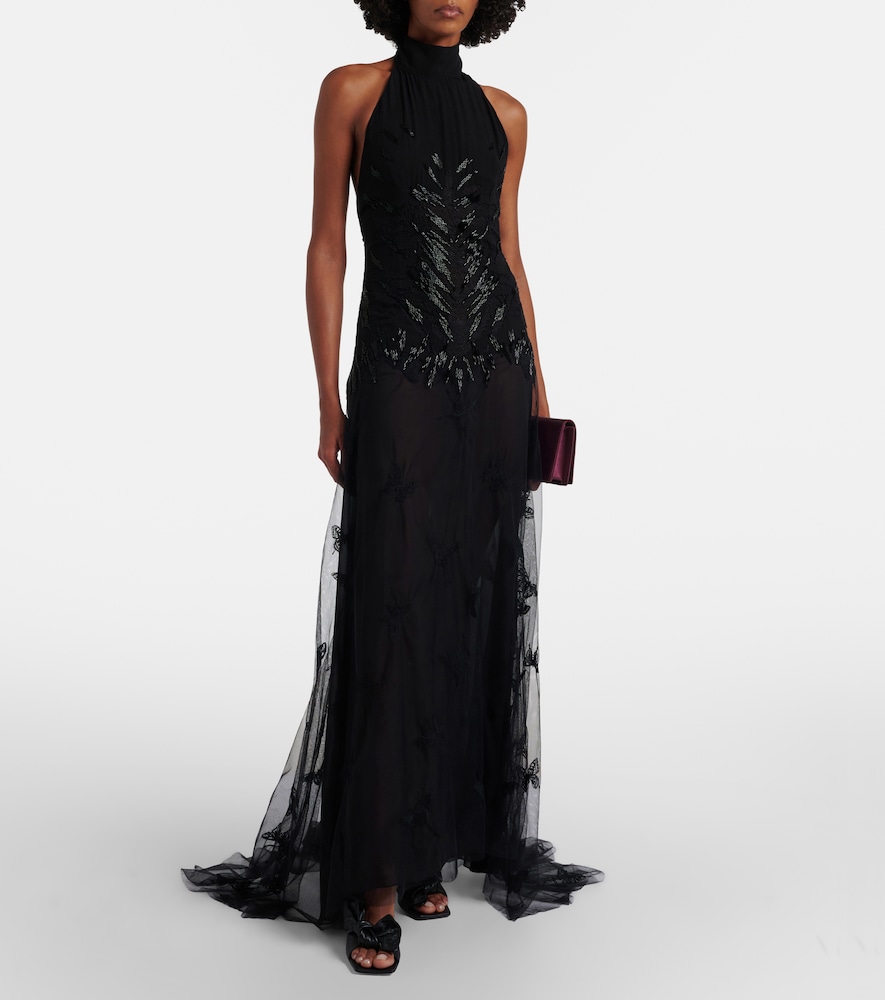 Embellished georgette and lace maxi dress