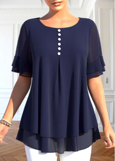 Modlily Navy Layered Short Sleeve Fake Two Piece Twinset