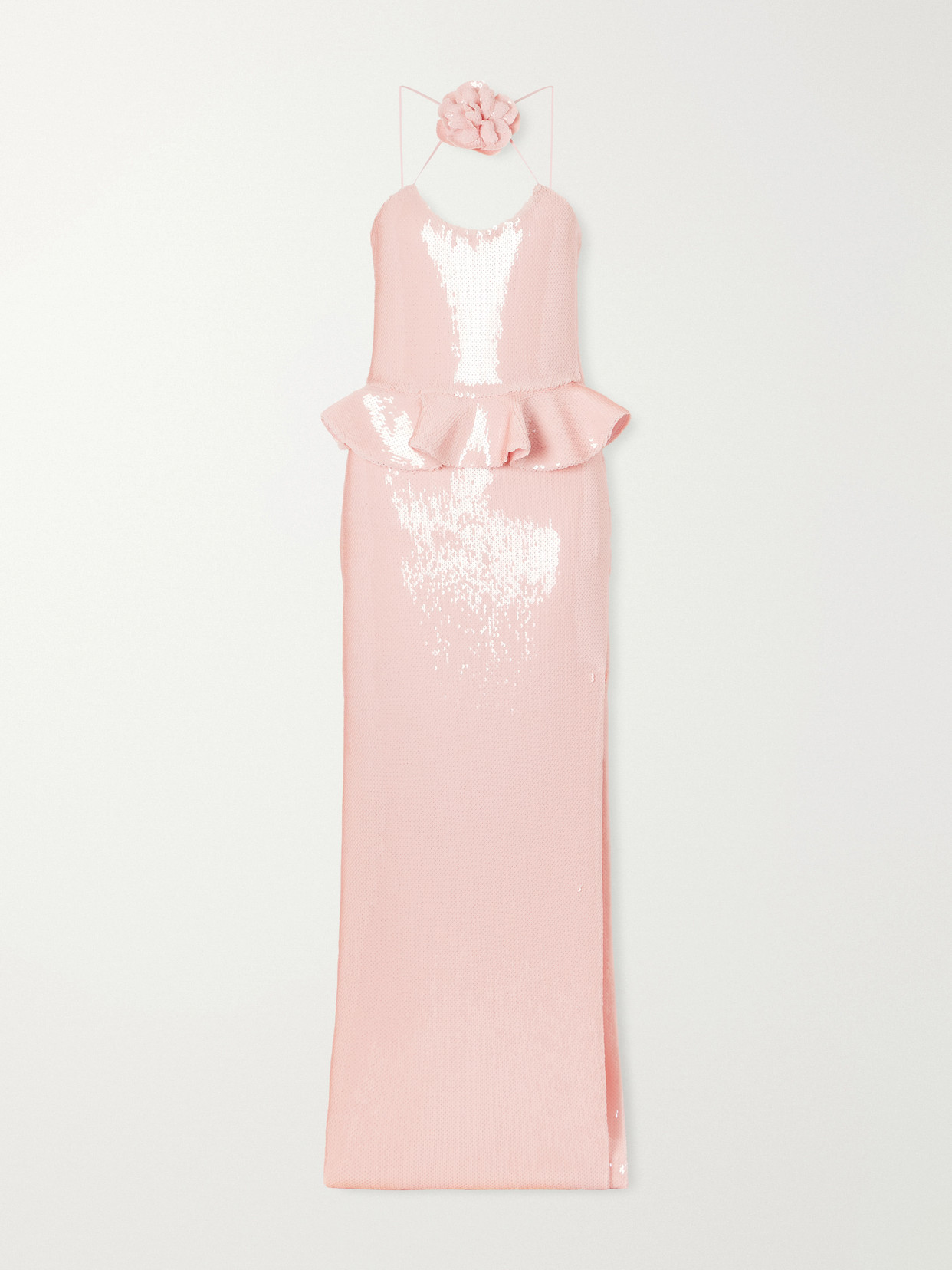 Floral-appliquéd Ruffled Sequined Mesh Halterneck Gown