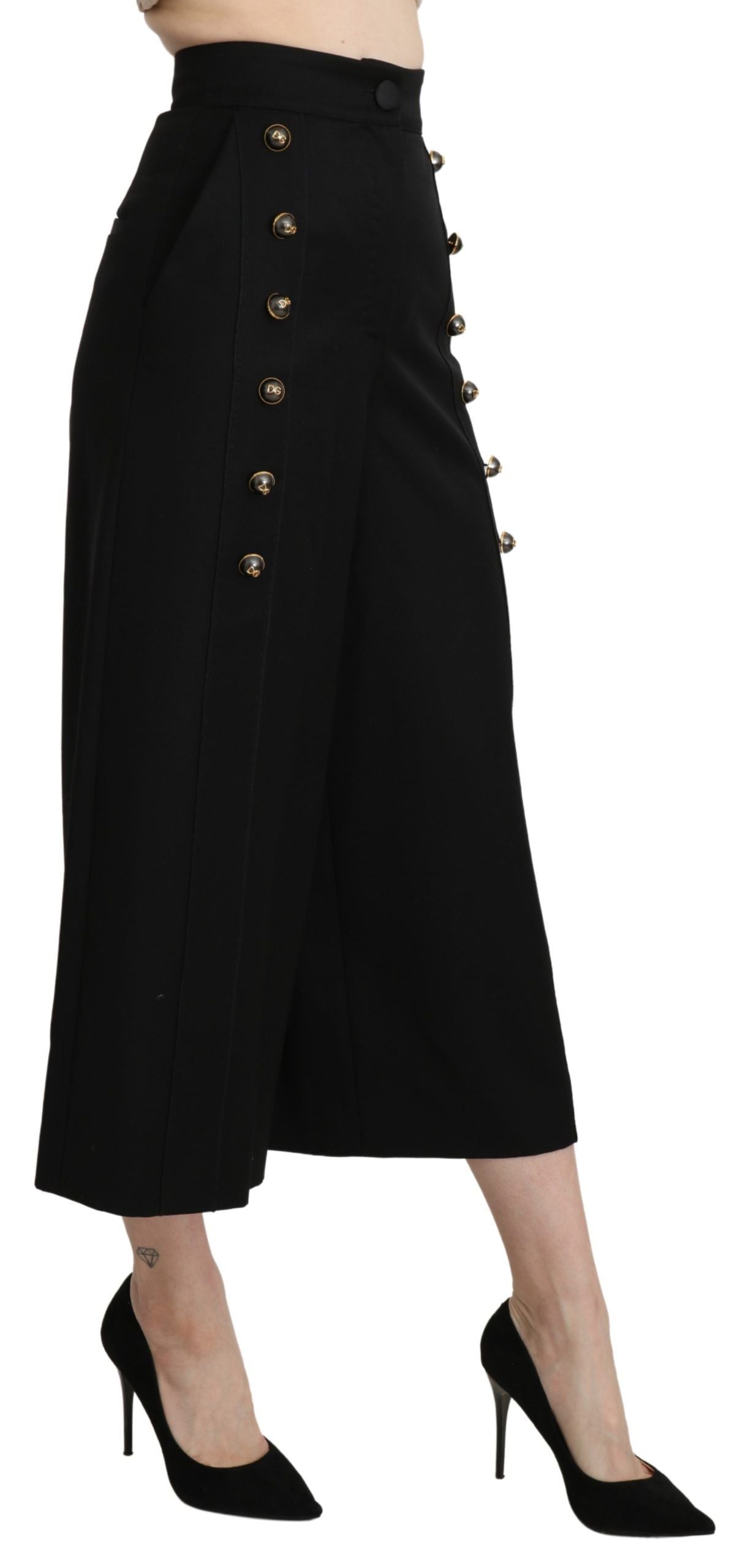 Wide-Leg Cropped Virgin Wool Trouser — Black