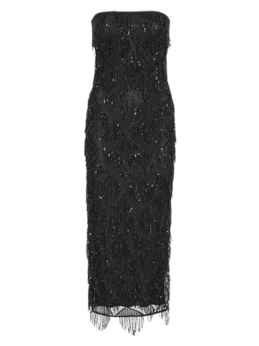 Sequin Midi Tube Dress with Beaded Fringe Trim